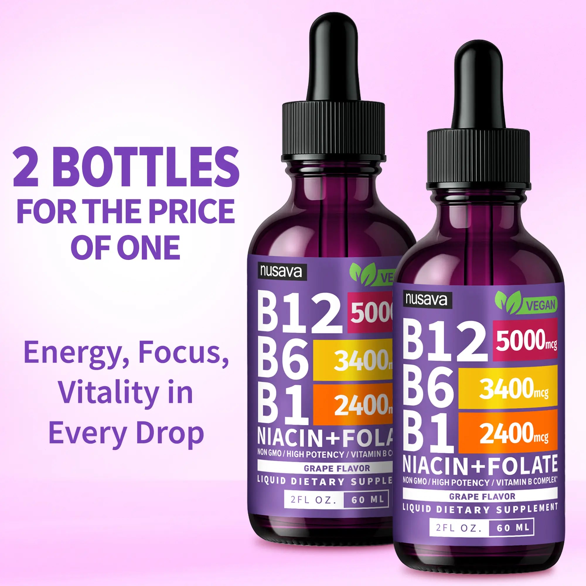 (2-PACK) Vitamin B12 Liquid Supplement Drops with B6, B1, Niacin & Folate - Edible Support for Energy, Brain & Heart, Non-Gmo & Gluten-Free, 4 Fl Oz Fitness Dietary
