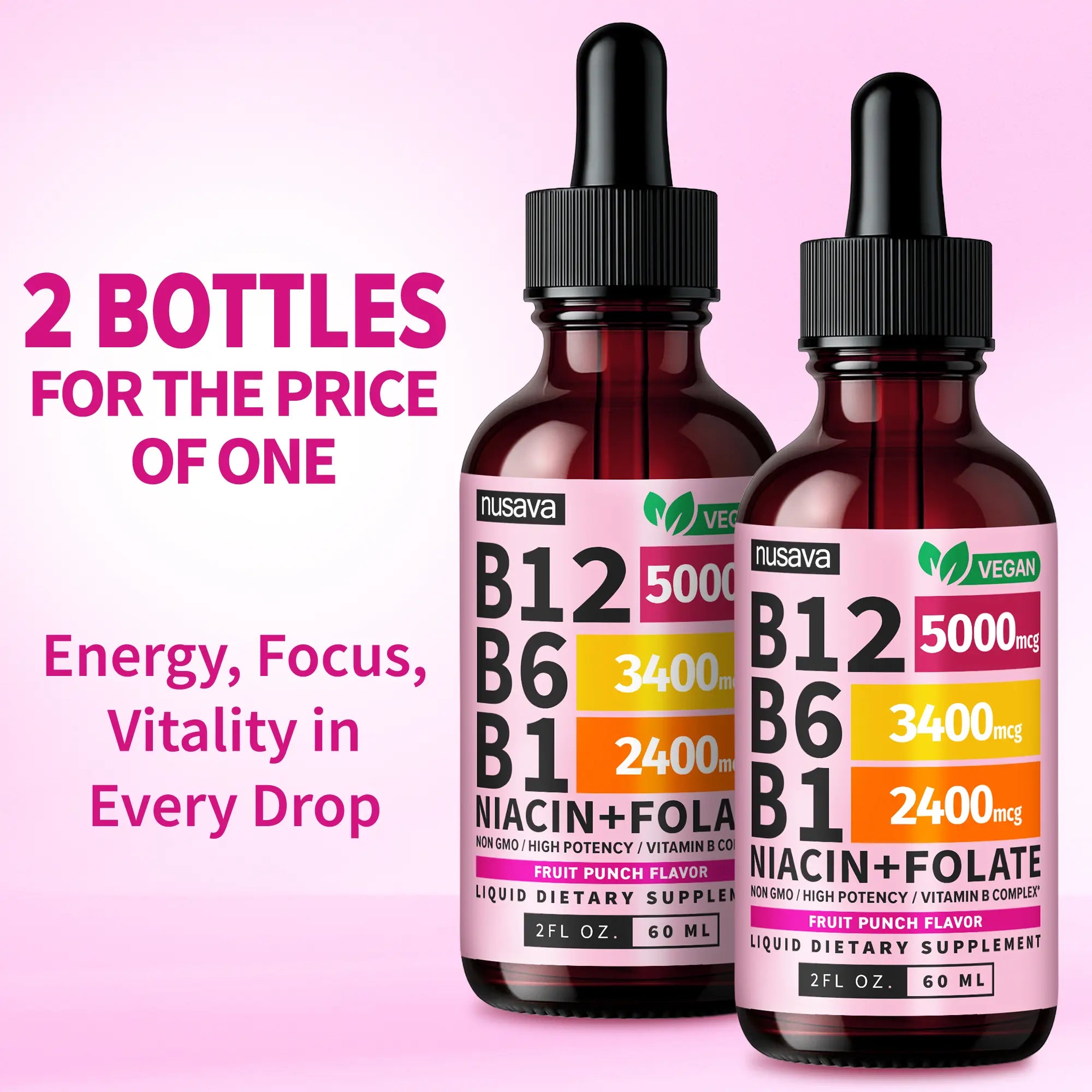 (2-PACK) Vitamin B12 Liquid Supplement Drops with B6, B1, Niacin & Folate - Edible Support for Energy, Brain & Heart, Non-Gmo & Gluten-Free, 4 Fl Oz Fitness Dietary