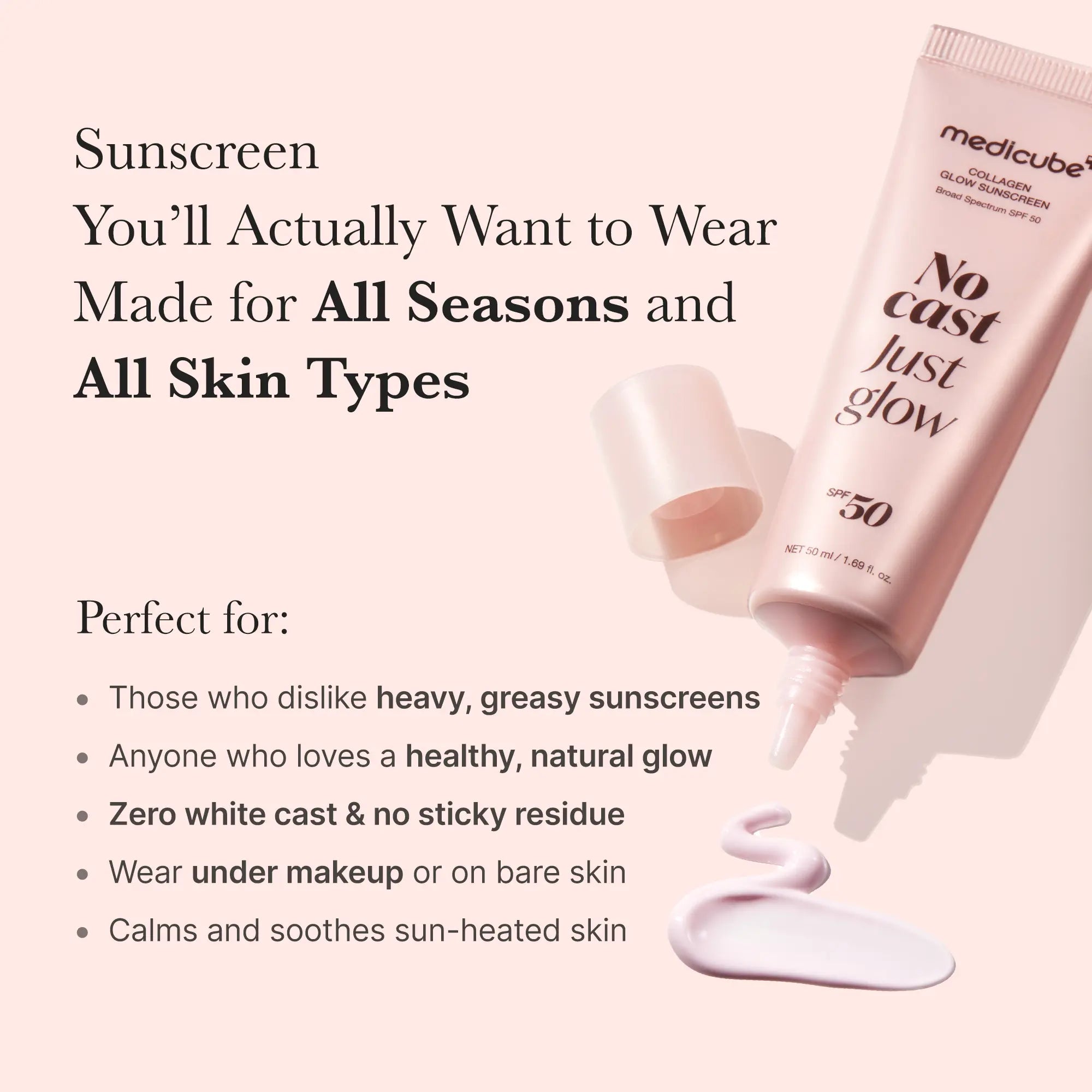 [Medicube] No Cast Just Glow Collagen Sunscreen | SPF 50 Broad Spectrum Face Sunscreen | Lightweight, Non-Sticky, Hydrating Formula | No White Cast or Residue | Peptide, Cica for Soothing & Natural Glow