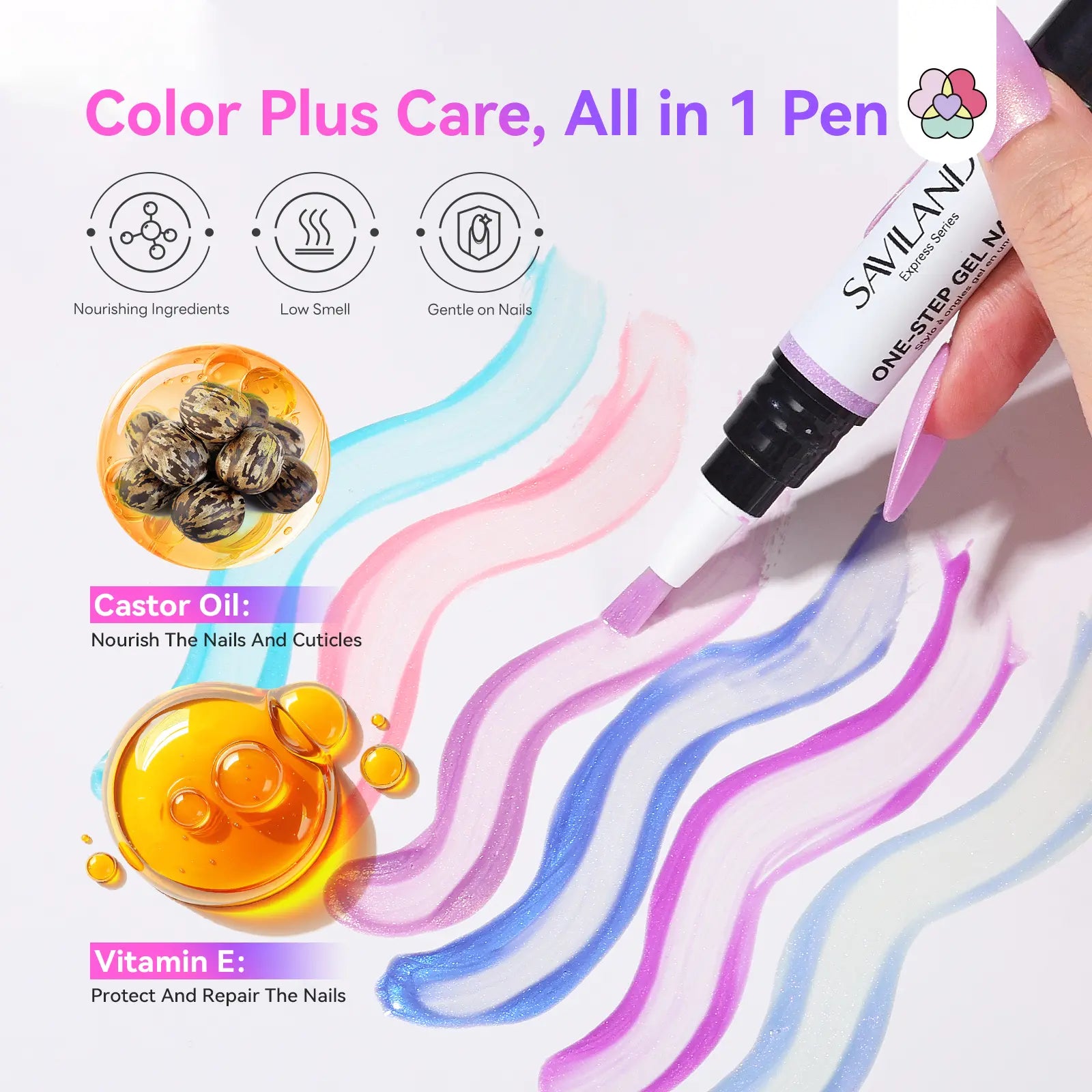 SAVILAND 5-In-1 Gel Nail Polish Pen, Aurora Effect Gel Nail Pen with Base Color Top Coat in One, Easy Apply UV/LED Curing Nail Polish Pen, Travel-Friendly No-Mess Manicure for DIY Nail Art