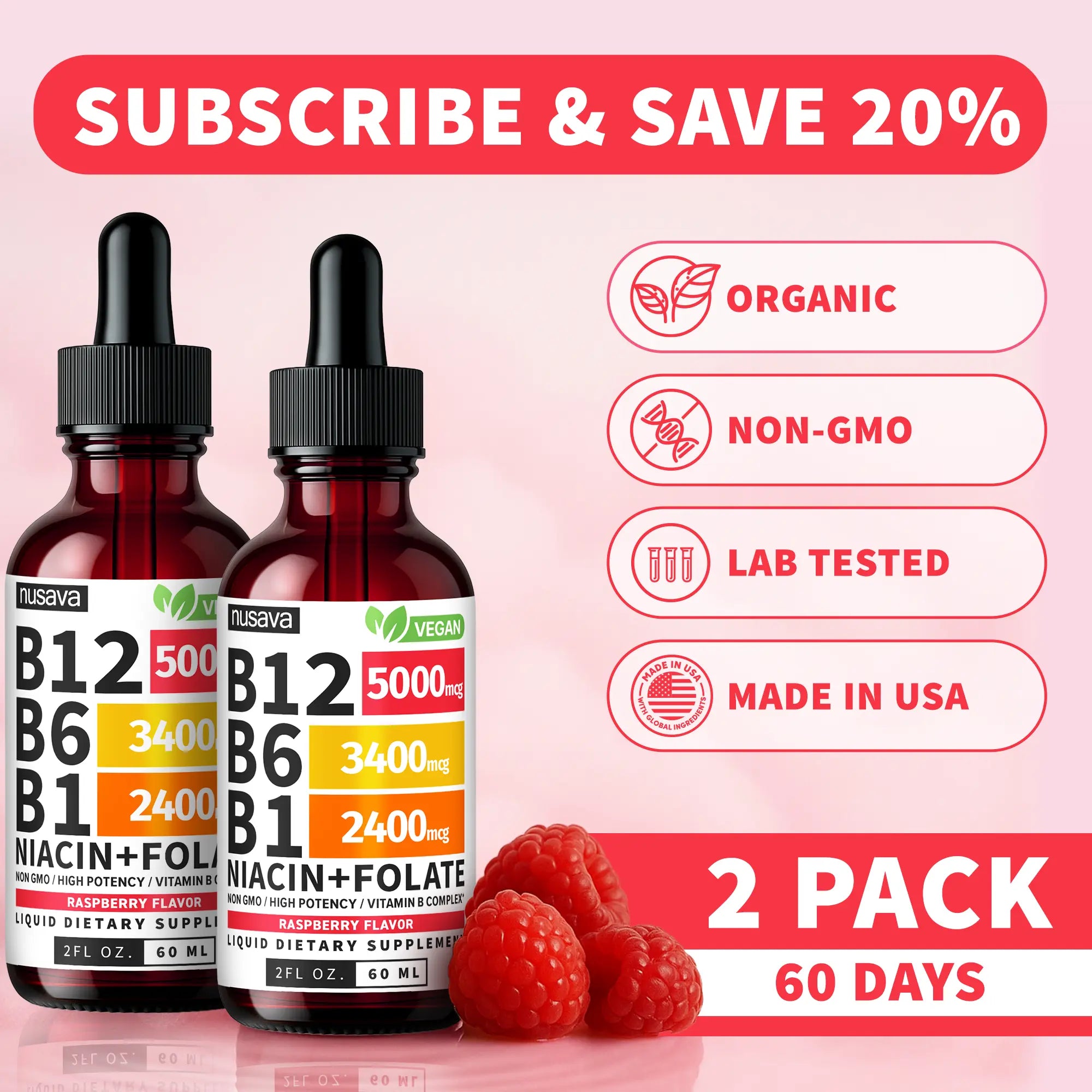 (2-PACK) Vitamin B12 Liquid Supplement Drops with B6, B1, Niacin & Folate - Edible Support for Energy, Brain & Heart, Non-Gmo & Gluten-Free, 4 Fl Oz Fitness Dietary