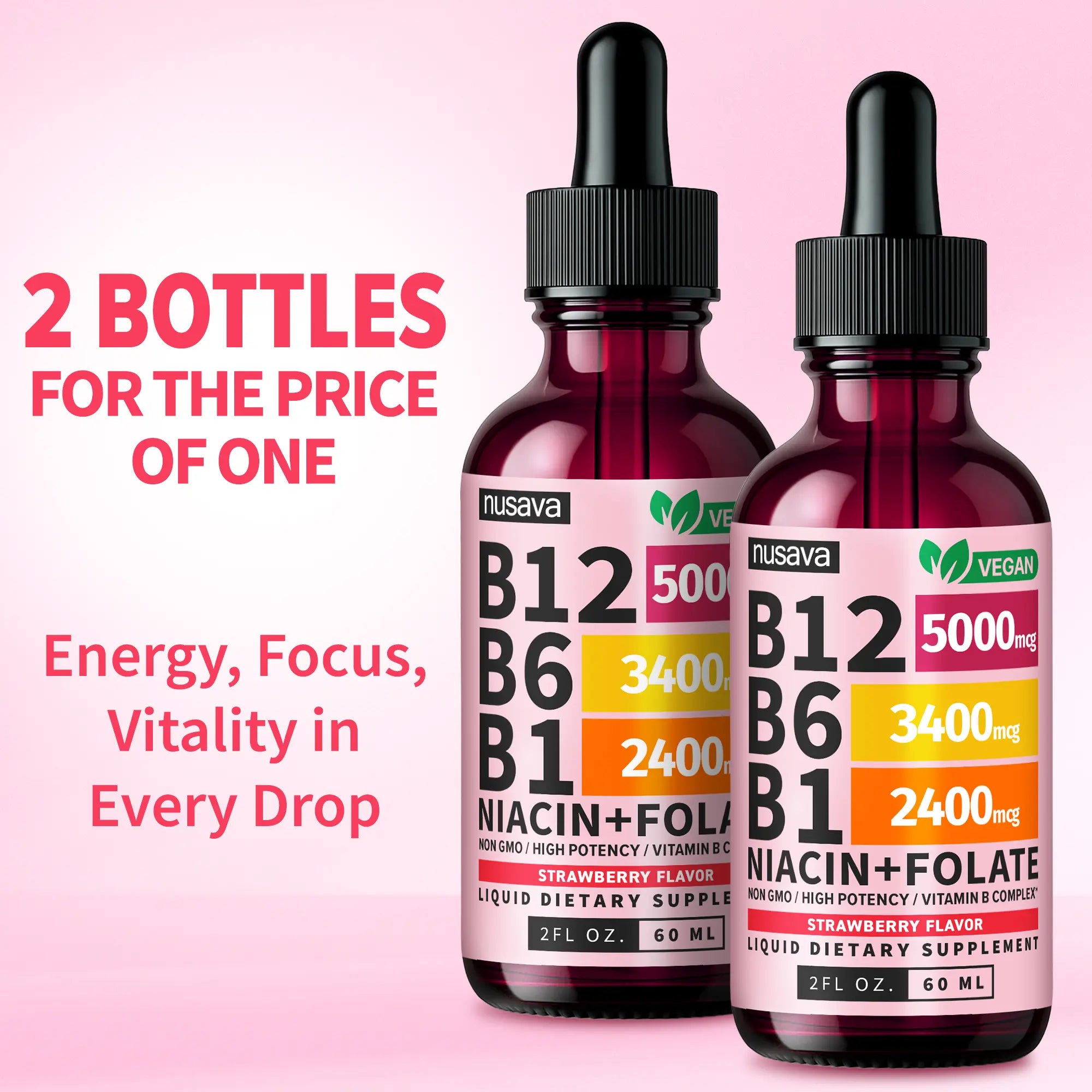 (2-PACK) Vitamin B12 Liquid Supplement Drops with B6, B1, Niacin & Folate - Edible Support for Energy, Brain & Heart, Non-Gmo & Gluten-Free, 4 Fl Oz Fitness Dietary